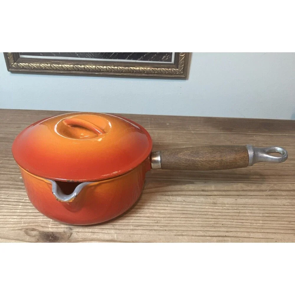Vintage Le Creuset #14 Flame Orange Enameled Cast Iron Wood Handle Saucepan